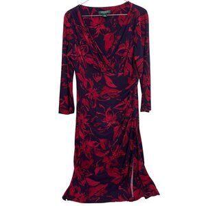 VTG Lauren Ralph Lauren Size 8 Career Dress Faux Wrap Purple Red Floral
